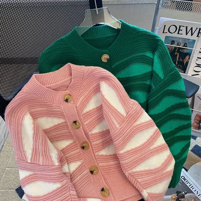 Striped Sweater Women Autumn New Knitting Cardigan Female All-match Loose Geometric Cardigan Coat Women\'s Clothing Trend Top Tee