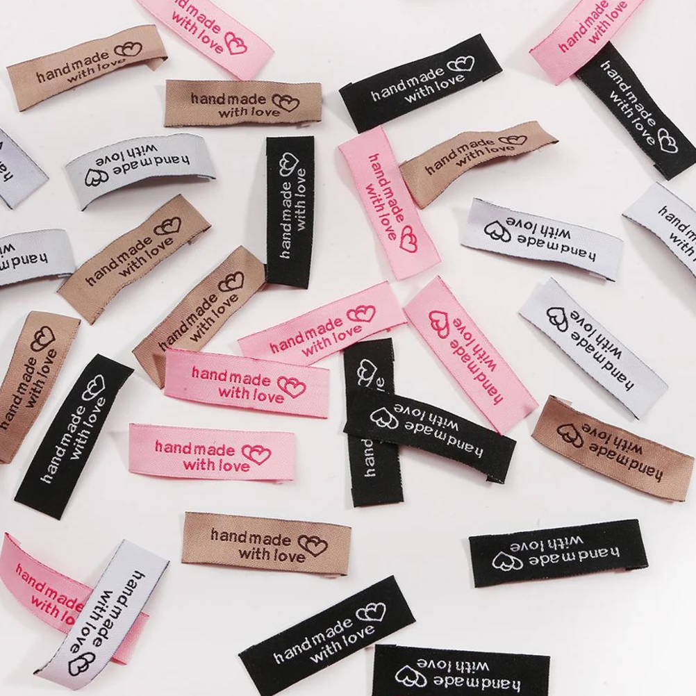 

Clothing Labels Handmade Double Heart Pink Black White Chocolate 20each Polyester Sewing Tags for Jeans Shirts Coats Gifts