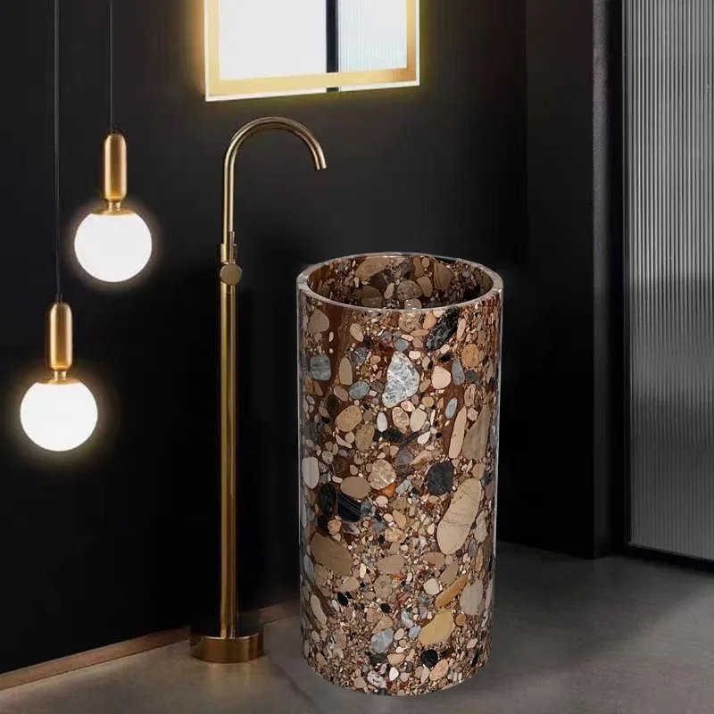 Lavabo a colonna in marmo naturale integrato, pietra grezza formata, lavabo a colonna