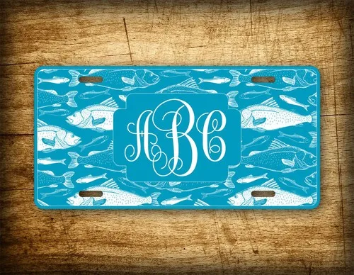 Custom Blue Fishes Swimming Monogram License Plate Personalized Initials
