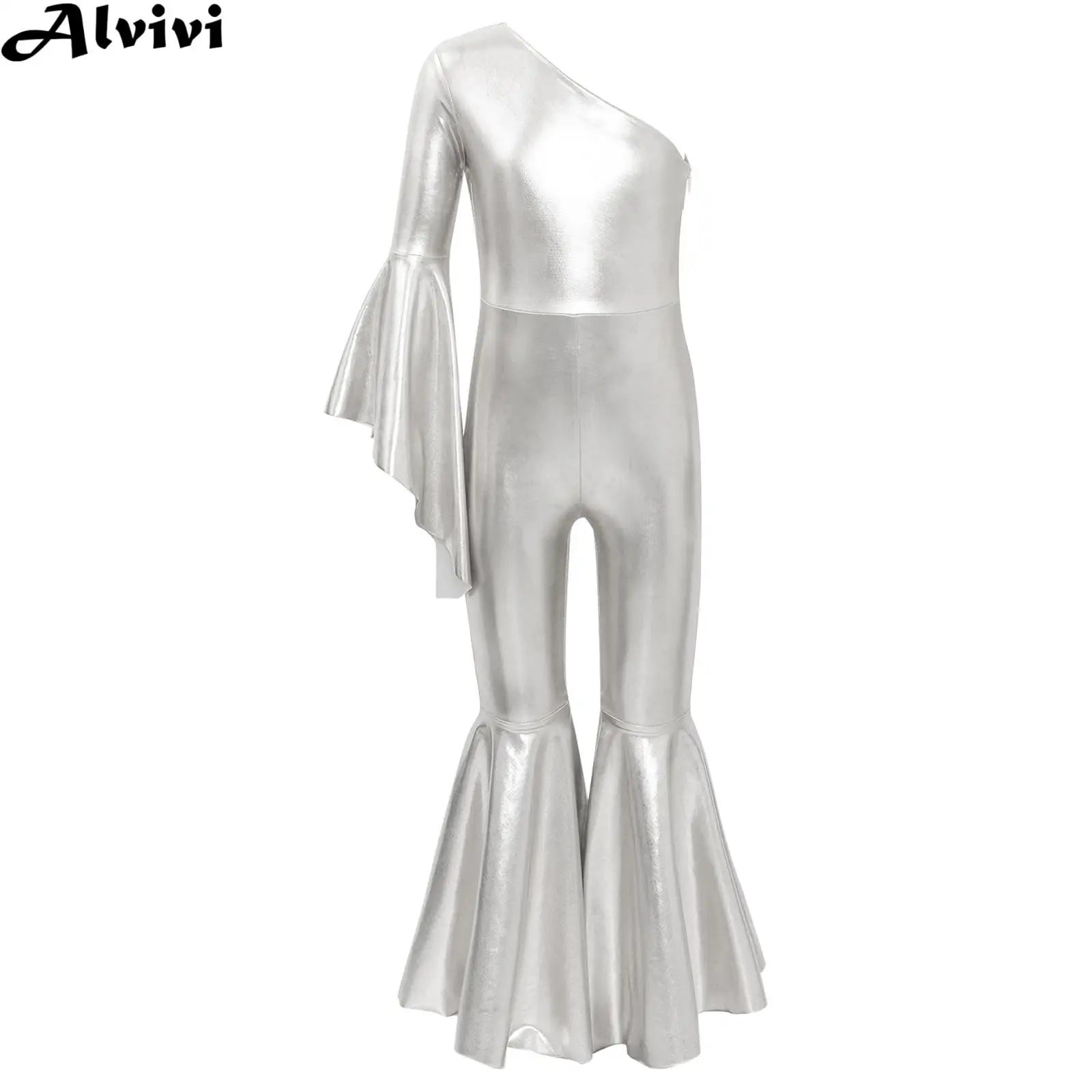 Kids Girls Metallic Shiny Bell-Bottom Jumpsuit Retro Disco Cheerleading Jazz Dance Clothes Theme Party Carnival Cosplay Costume