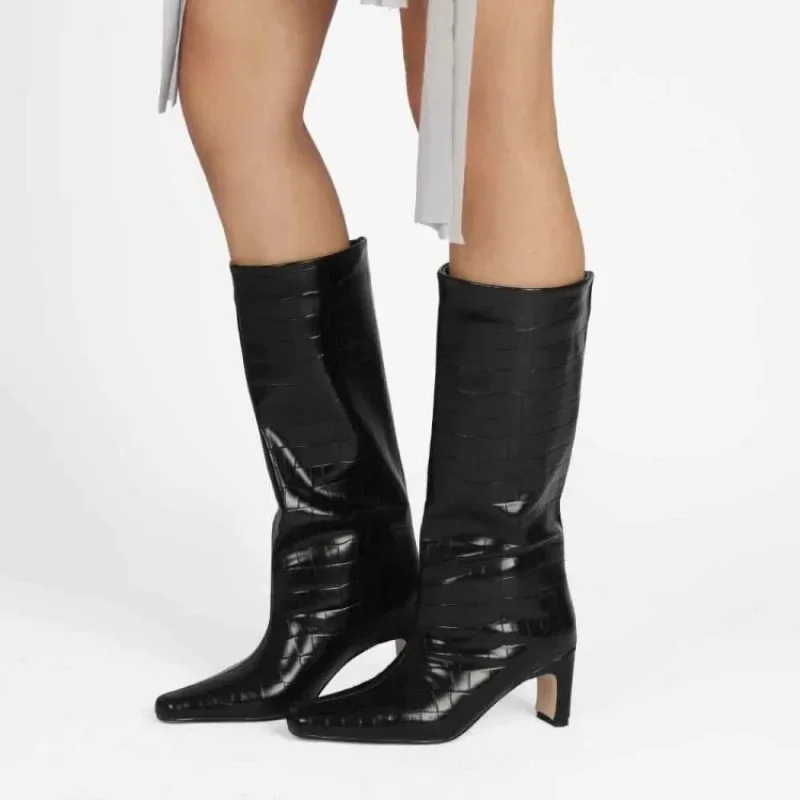 New Stone Pattern Black Red Fashionable Mid Calf Boots Autumn Winter Square Toe High-heeled Short Plush Warm Women Boots Size 45