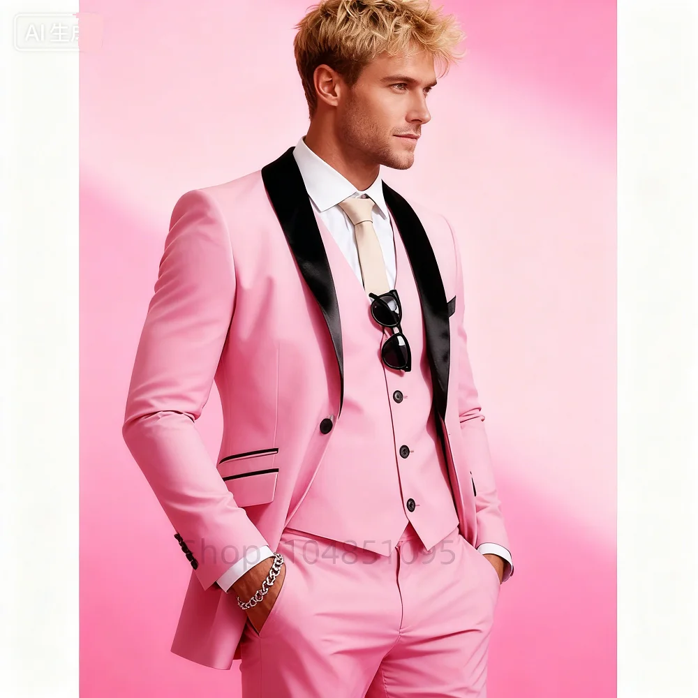 

Elegant Rose Red 3-Piece Slim Fit Men's Suit Double Breasted Blazer Vest Pants Set for Wedding Groom Tuxedo Business Party