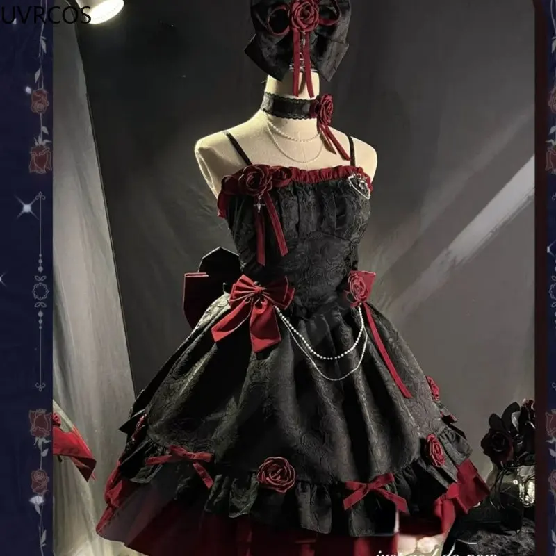 Victorian Dark Gothic Lolita Jsk Dress Women Vintage Elegant Rose Flower Bow Princess Strap Dresses Girls Sweet Tea Party Dress