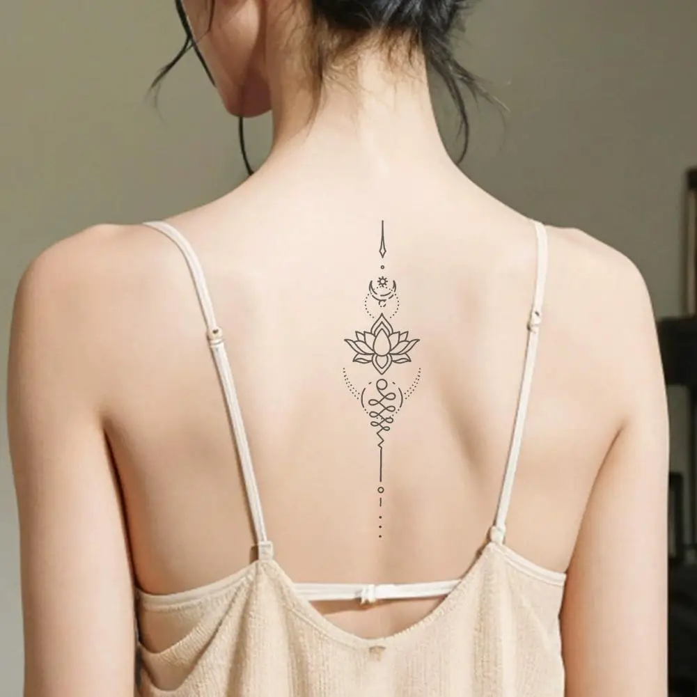 Lotus Sanskriet wervelkolom tattoo sticker, Thaise kruiden tijdelijke tattoo voor rug, waterdichte langdurige nep body art, yoga ontwerp