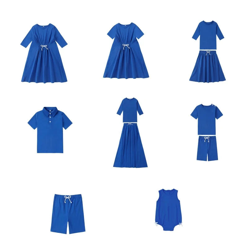 Ap 2025 printemps été coton bleu marine solide vêtements de sport garçons filles mode famille correspondant vêtements robe ensemble