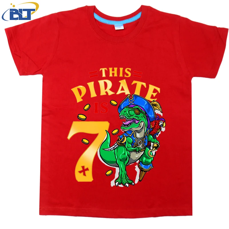 

7th Birthday Pirate Dinosaur printed kids T-shirt, summer cotton short-sleeved casual top, suitable for boys and girls