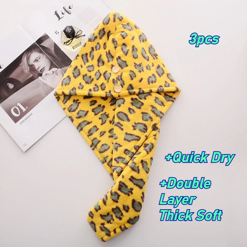

Shower Caps Coral Fleece Leopard Print Hair Dry Fast Bonnet High Absorbency Thickened Double Layer Quick Drying Towel Head Wrap