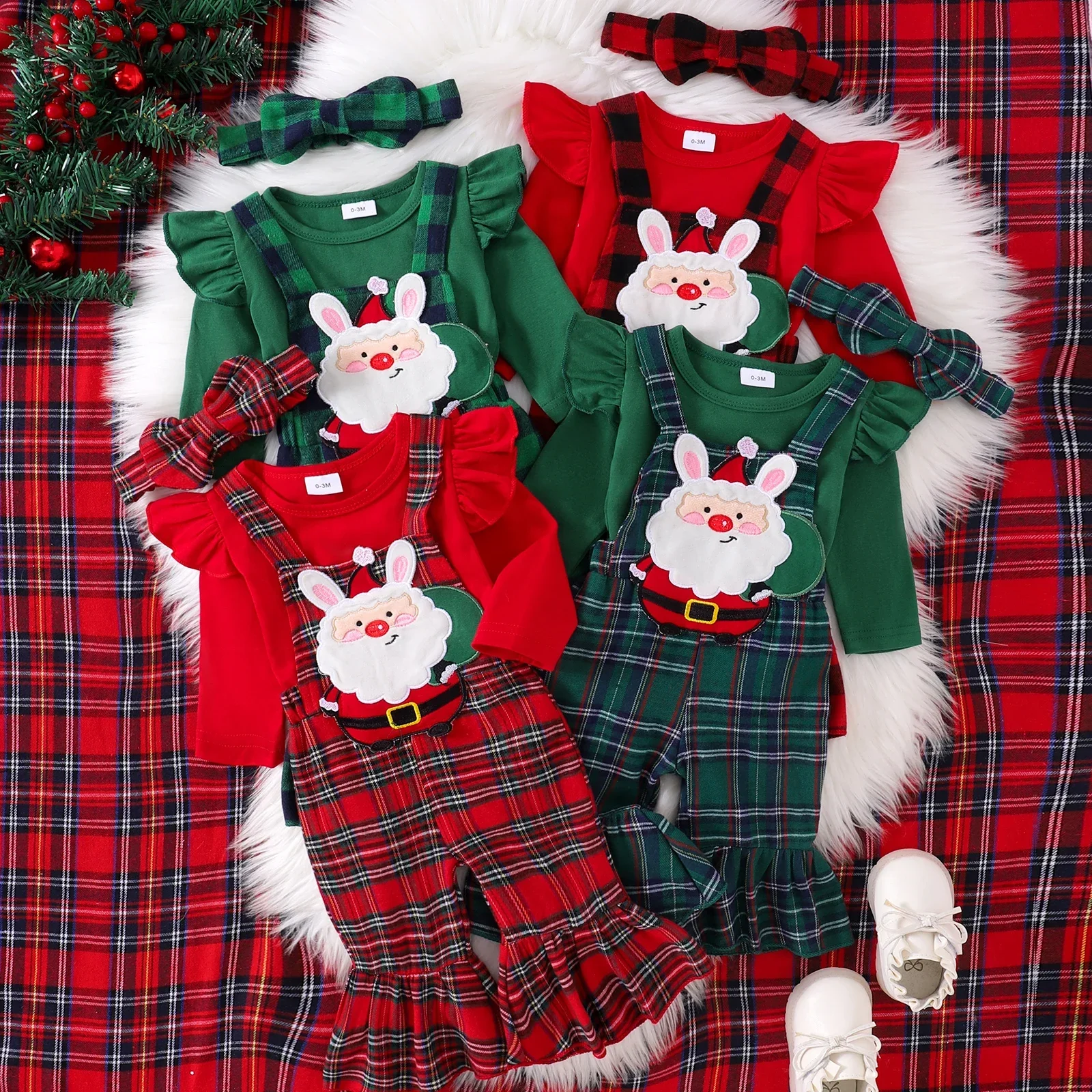 

Baby Girl Outfit Long Sleeve Romper with Plaid Santa Claus Overall Pants Headband Christmas Costume