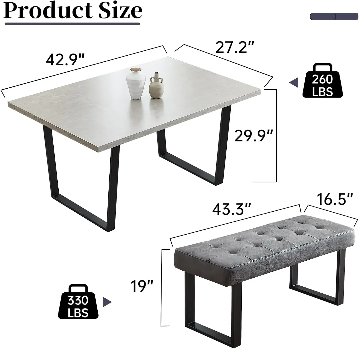 3 Piece Dining Table Set with Gray Bench, 42.9 Inch Modern Kitchen Table with Right Seat Corner Bench and 43.3 Inch