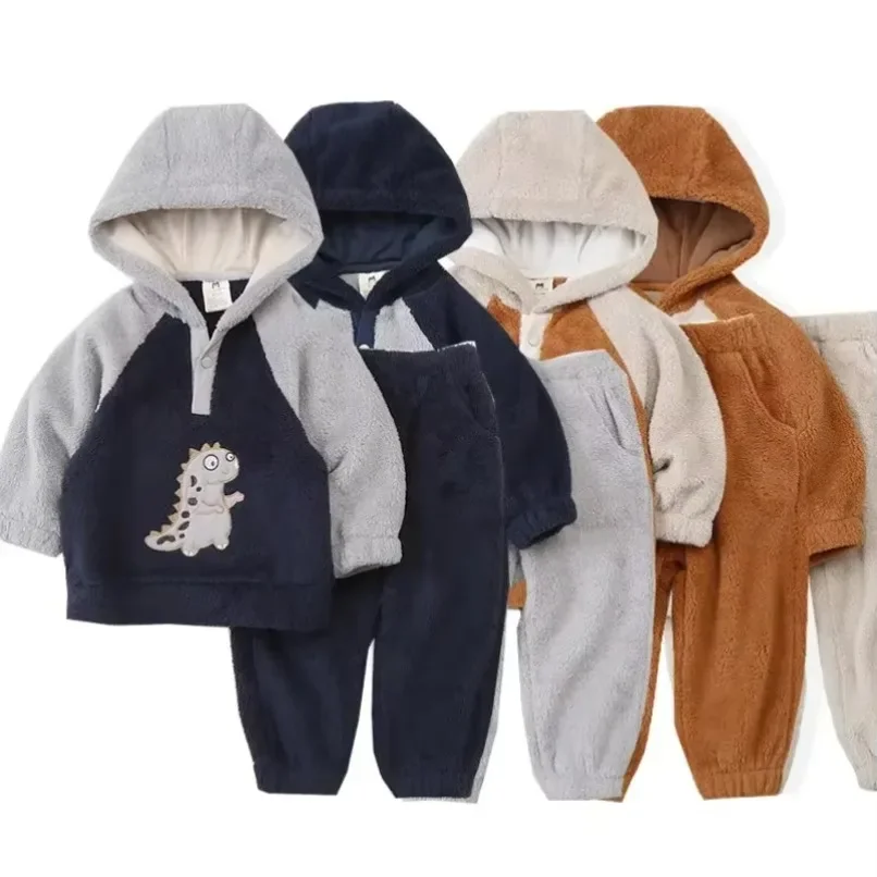 

New 2Pcs Spring/Autumn Childrens Clothes Set 2-5 2024 Y Boys Cartoon Dinosaur Hooded Coral Fleece Hoodie and Pants Suit