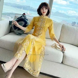 2024 narodowy haft w kwiaty szyfonowa sukienka chińska ulepszona qipao elegancka suknia w stylu cheongsam orientalna suknia wieczorowa qipao