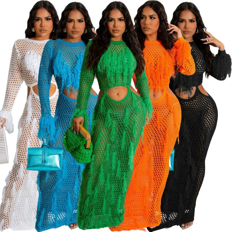 Mesh Tassels Sexy Dress Women Hollow Out See-Through Fishnet Floor Length Dresses Ladies Long Sleeve Slim Club Dress Vestidos