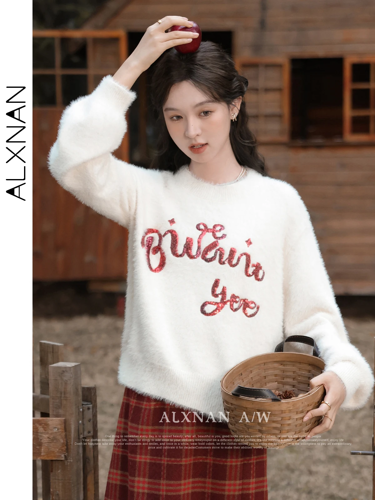 

ALXNAN Apricot Knitted Sweater Jumpers 2024 Autumn Winter Letter Embroidery Casual Loose Long Sleeve Tops Knit Pullovers L330220