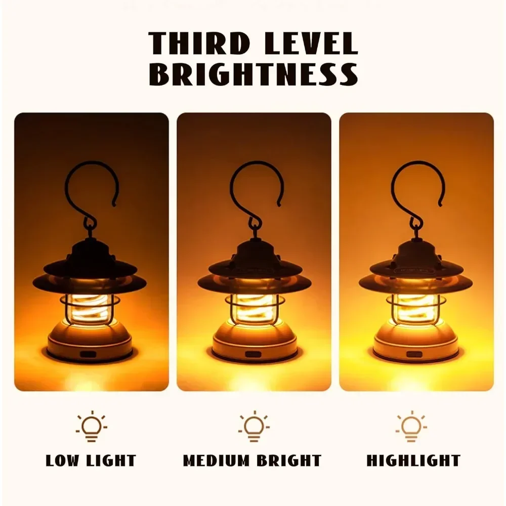 LED Camping Lantern,Mini Rechargeable Retro Warm Camp Light,Metal Vintage Portable Waterproof Hanging Lamp,Outdoor Tent Bulb
