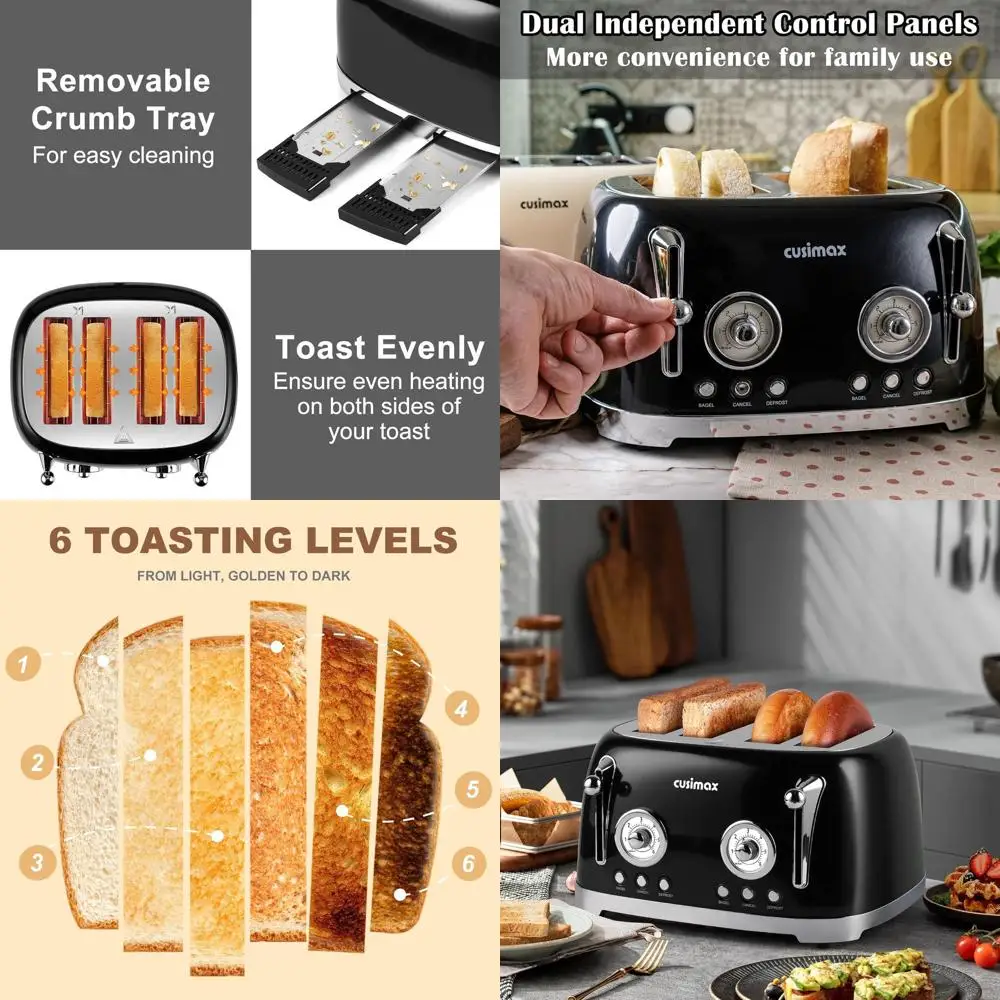 

4-Slice Retro Style Toaster with Wide Slots, 6 Settings, Stainless Steel, Bagel, Cancel, Defrost, Reheat, Dual Controls, Black