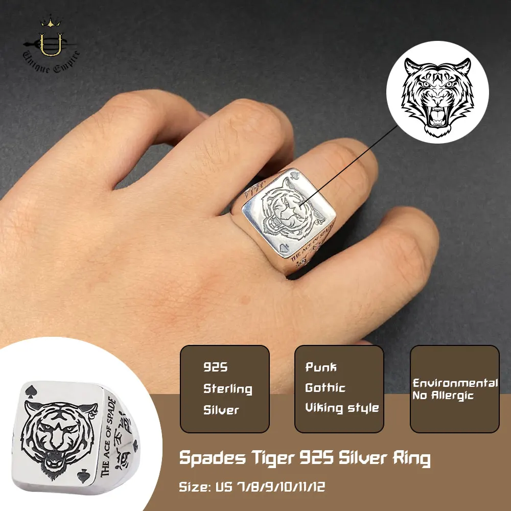 925 Sterling Silver Poker Spades Tiger Ring Trendy Men The Ace Of Thumb Band Punk Rock Jewelry