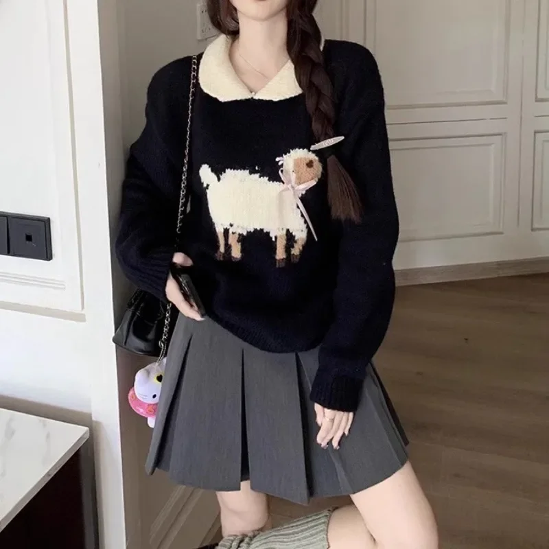 

Японский милый свитер с вышивкой в виде овец, Милый джемпер с круглым воротником в стиле Питера Пэна, пуловер, кавайная зимняя одежда для студентов Y2K