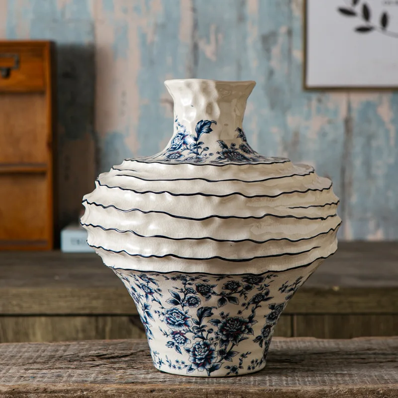 Blue and White Pottery Vase Vintage Dining Table Office Home Decoration Living Room Decoration Ornaments Flower Ware