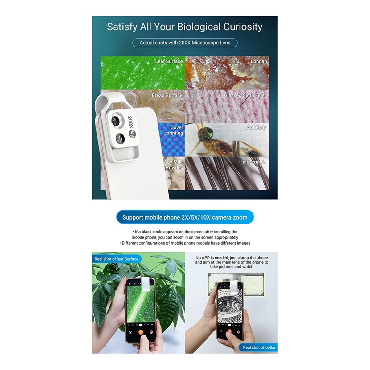 New 200X Magnification Microscope Lens with CPL Mobile LED Light Micro-Pocket Macro Lens for Ios Android All Smartphones B