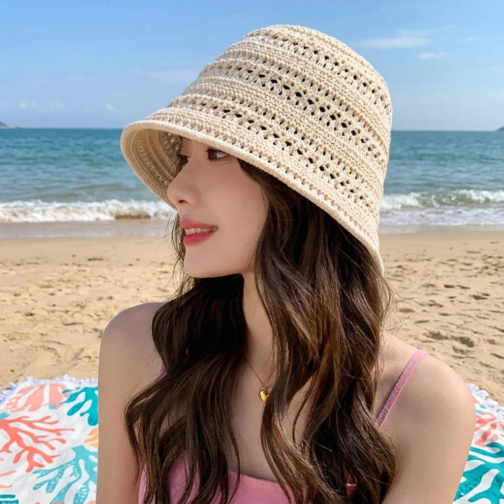 Breathable Bucket Hat Hollow Crochet for Beach Vacation Women's Sun Protection Wide Brim Foldable Travel Summer Cap Durable