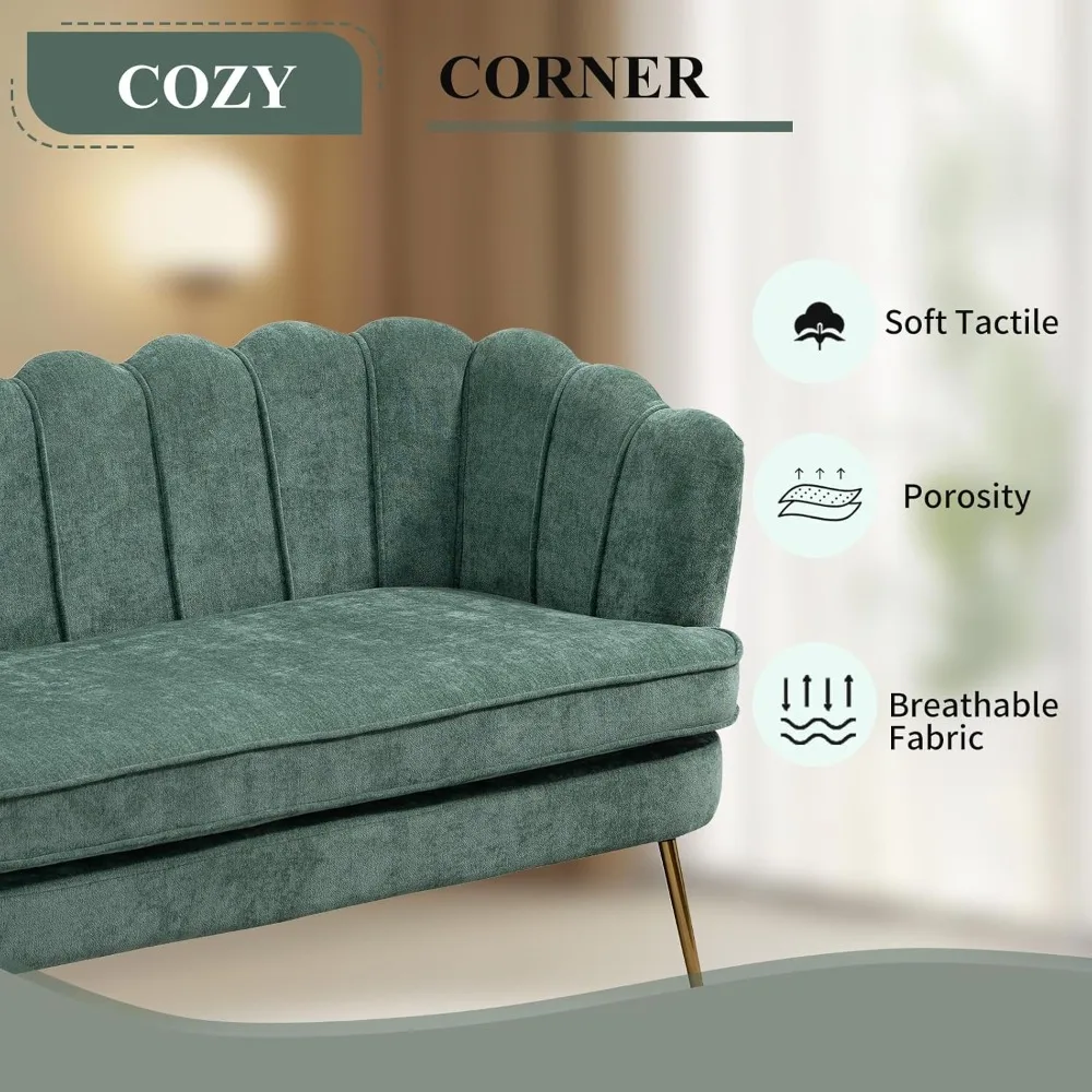 أريكة عصرية بمقعدين من الشنيل على شكل بتلة، أرجل معدنية ذهبية، أريكة صغيرة للترفيه، مقاس صغير مريح للجلوس #4