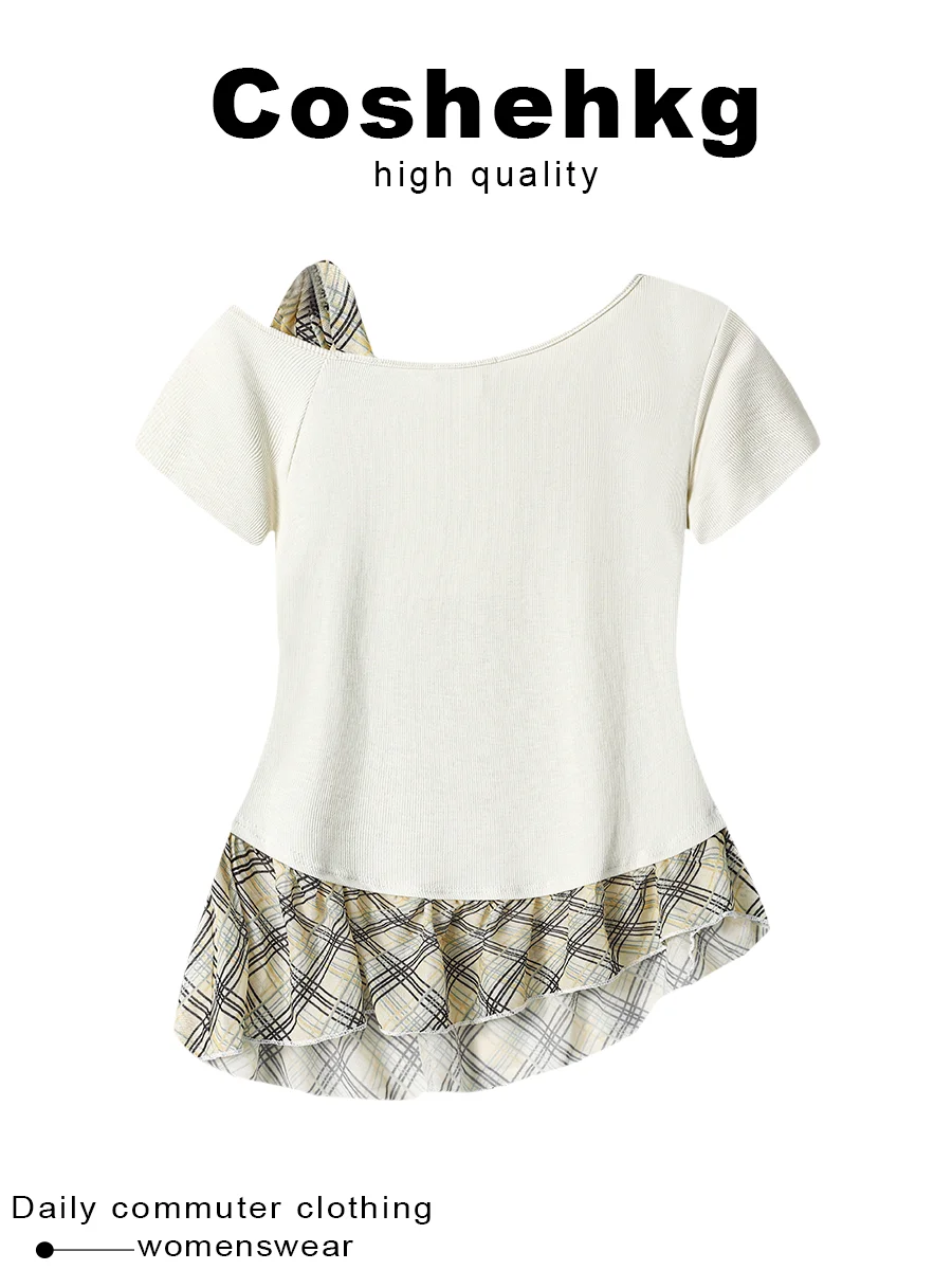 Coshehkg Design Sensual Shoulder Tied Checkered Splicing Short Sleeve Women's Summer Slimming Versatile Top Commute Style
