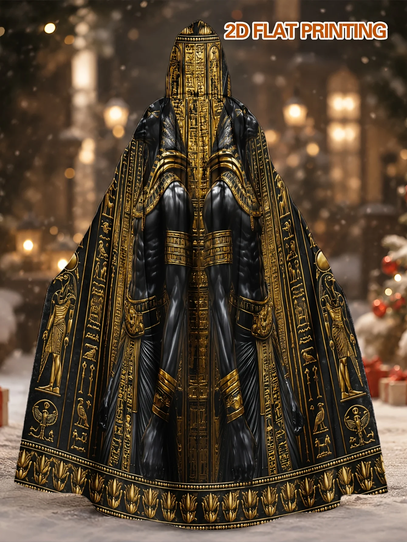 1pc Unisex Adult Hooded Robe with Ancient Egyptian Anubis Statues in Golden Pattern, Polyester Cape for Halloween Dress-Up, Chri