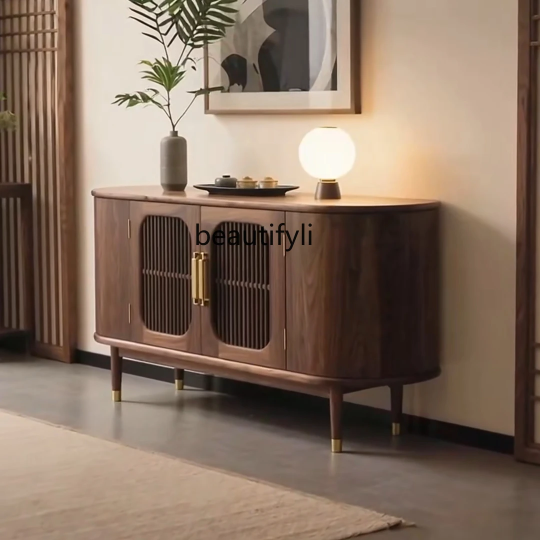 

Light Luxury Black Walnut Solid Wood Sideboard Entrance Cabinet Curved Living Room Tea Storage Cabinet