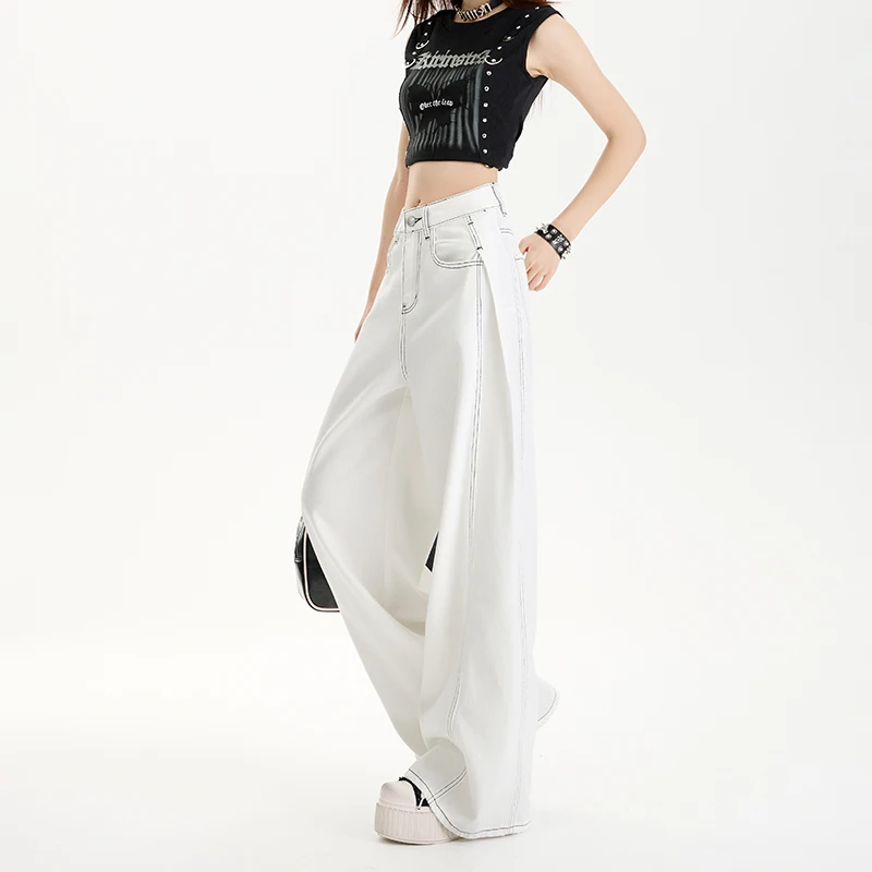 Été mince doux confortable Lyocell tissu femme jean Y2K fille blanc coton ample jambe large pantalon mode pantalon décontracté grande longueur