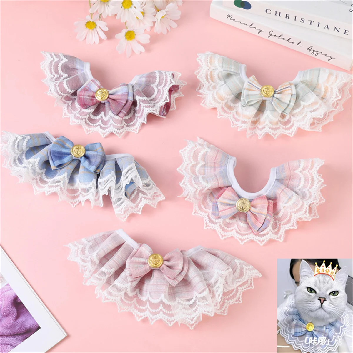 Lace Pet Scarf Cat Bib Dog Collar Lace Daisy Bow Sweet Pearl Bell Pendant Dog Saliva Towel Pet Wreath Cat Necklace Cat Accessory