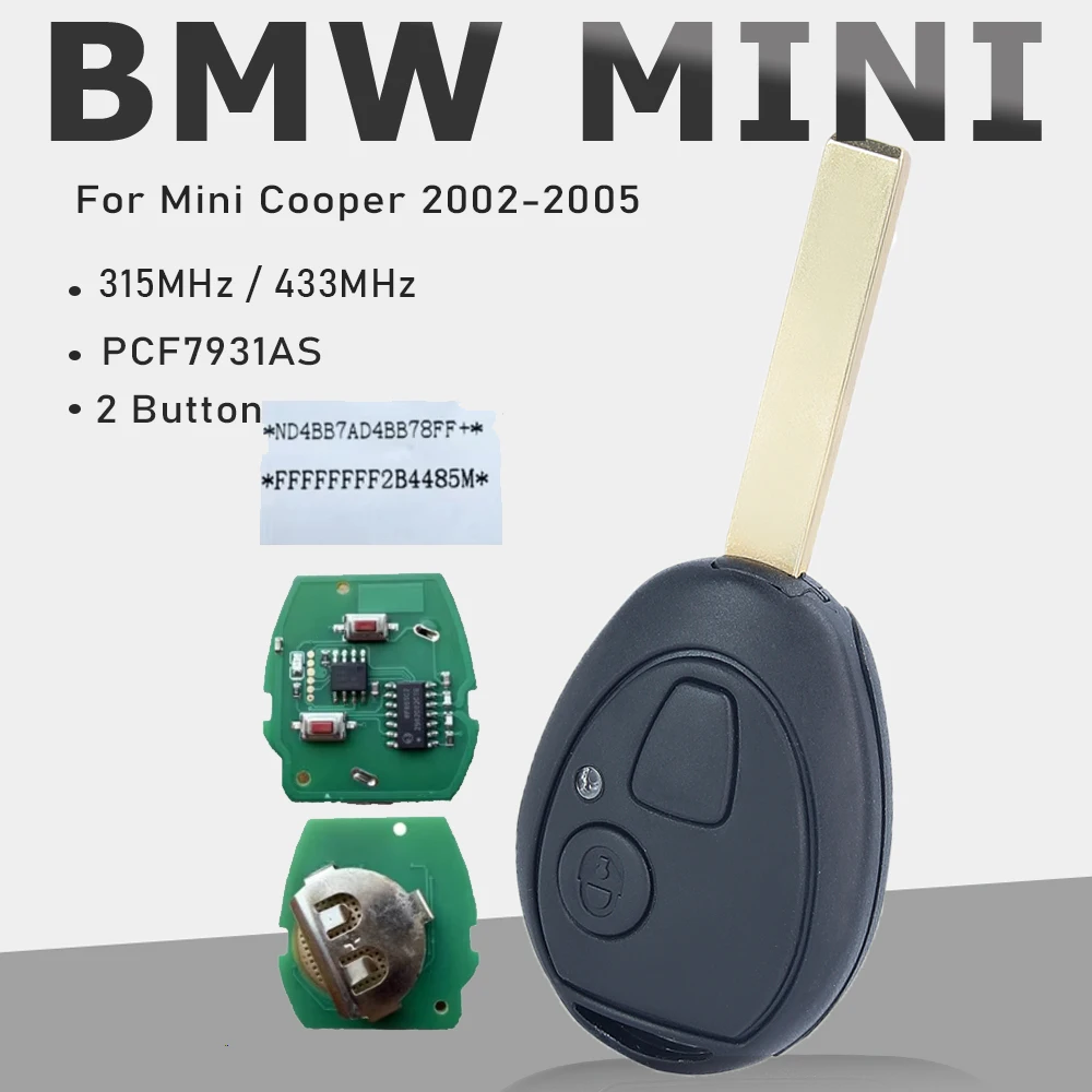 KEYECU 315MHz / 433MHz PCF7931AS 2 Button Remote Key Fob With Code for 2002 2003 2004 2005 Mini Cooper