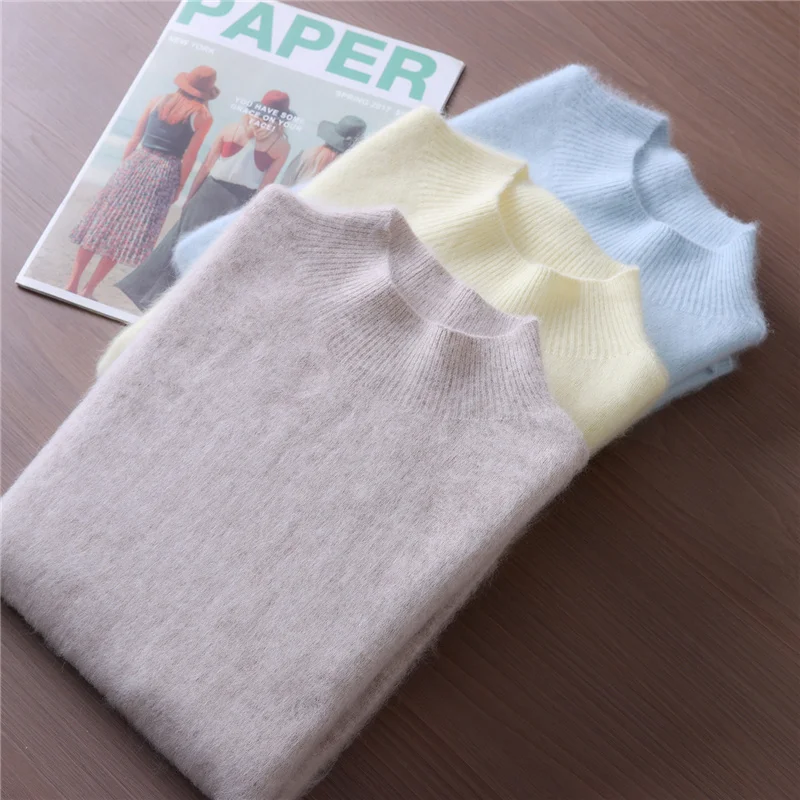 

100% mink cashmere sweater, women's knitted semi high neck pullover sweater, hot selling hot item, spring and autumn slim fit bo