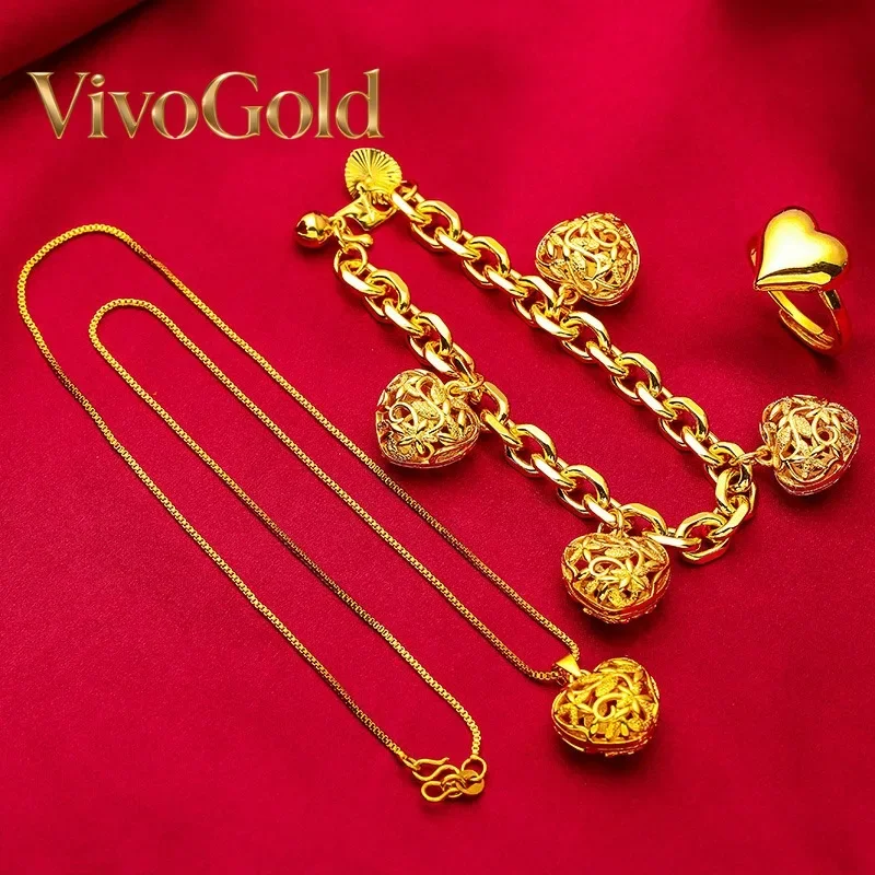 

VivoGold Hollow love bracelet necklace ring set for women 24K gold, AU999 dating gift romantic tools exclusive