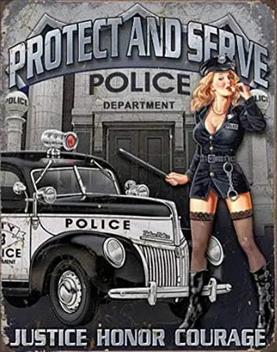 Unoopler Protect and Serve Sexy Police Woman Tin Sign 8x12in