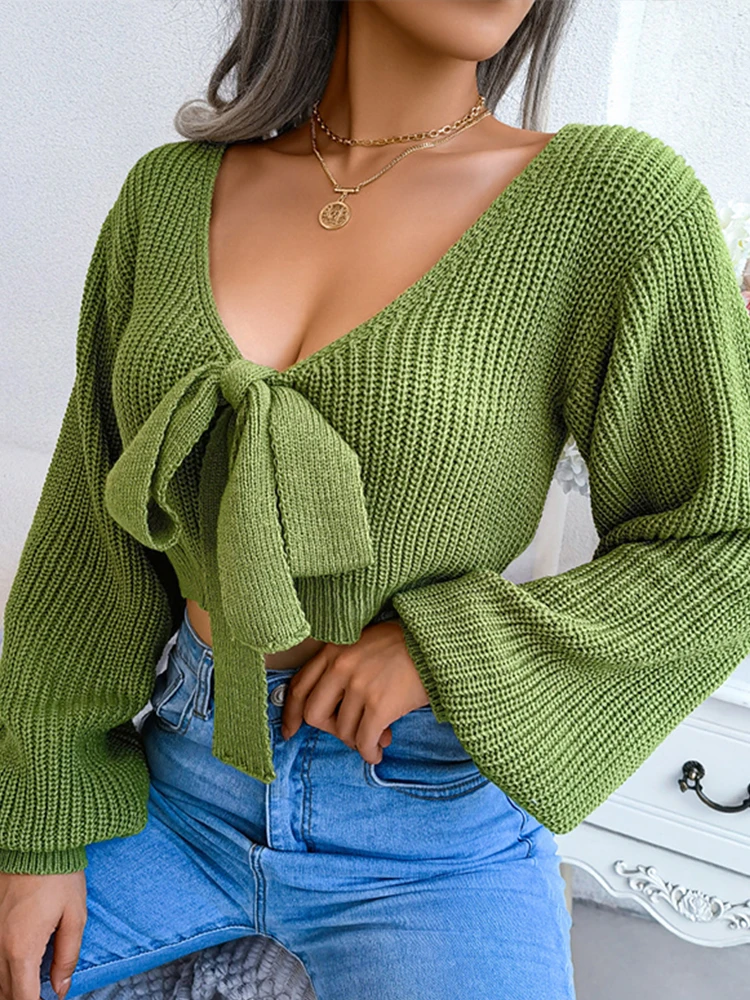 Fashion Bow V-neck Lantern Sleeve Women's Sweater Sexy High Waist Exposed Navel Short Solid Color Knitted Pullover New Autumn