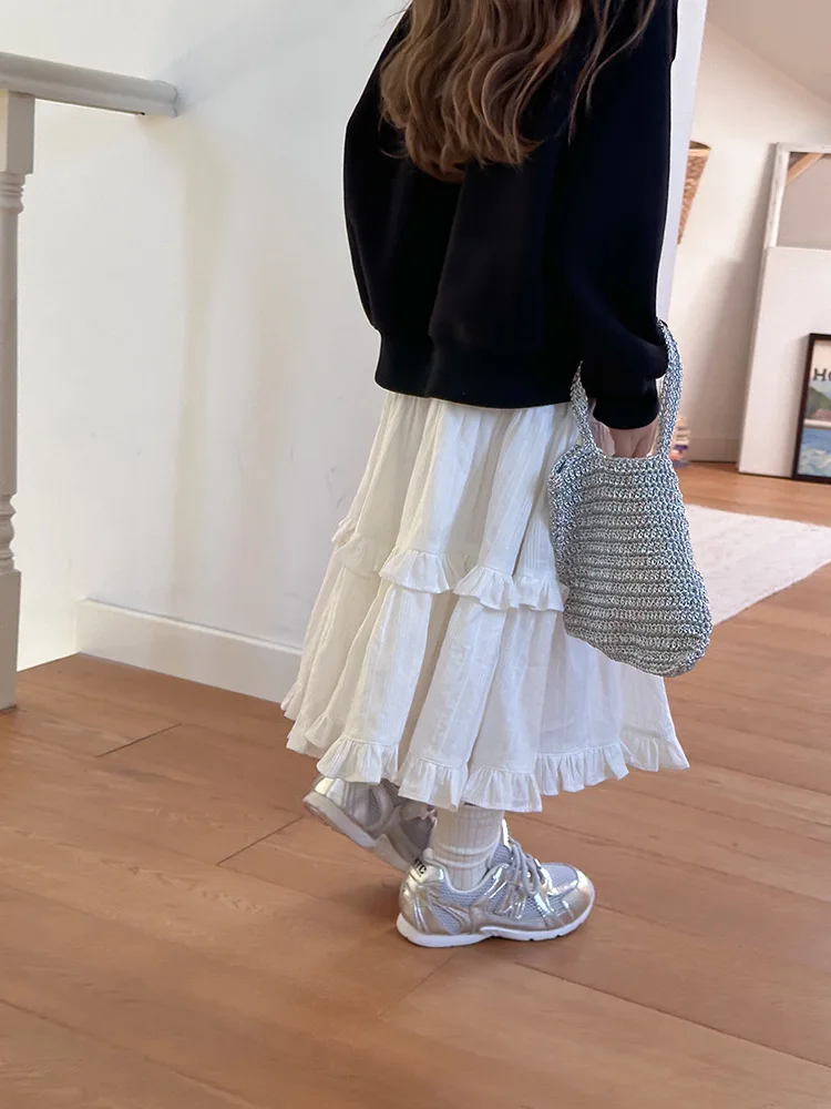 2024 Autumn New Girls Temperament Big Skirt Medium and Long Layered Princess Cake Skirt Casual Solid All-match Skirt