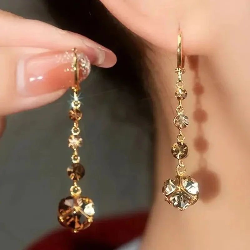 Fashionable Elegant Exquisite Brown Rhinestone Ball Zircon Tassel Earrings For Women Everyday Accessories Party Jewelry Gifts