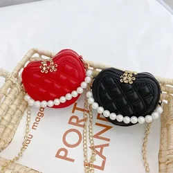 Nieuwe Kleine Hart Munt Portemonnee Zakje Baby Girls Party Parel Handtassen Kids Portemonnees Chique Crossbody Tas Dames Ketting Schoudertassen