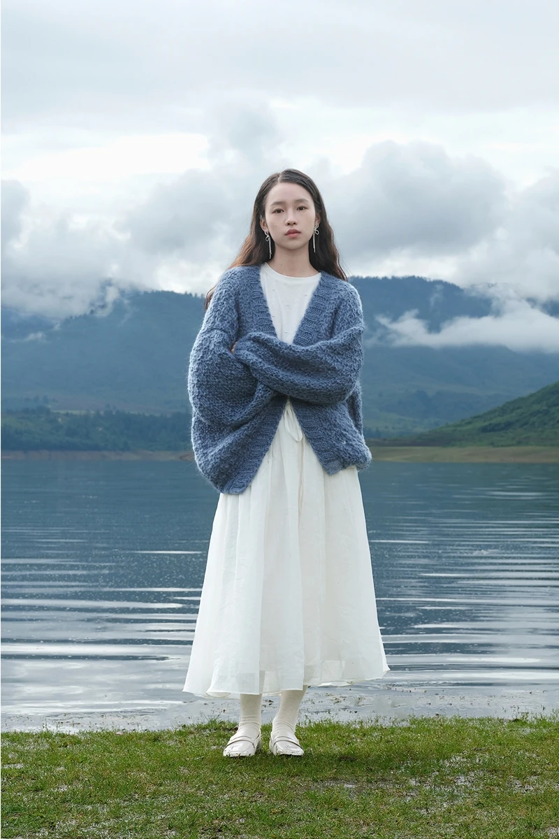 

Chic Blue ort Sve Long Sve Warm Cardigan Sweater Simple Sle Commute Wool Blend Open Front Knitwear by Yuann