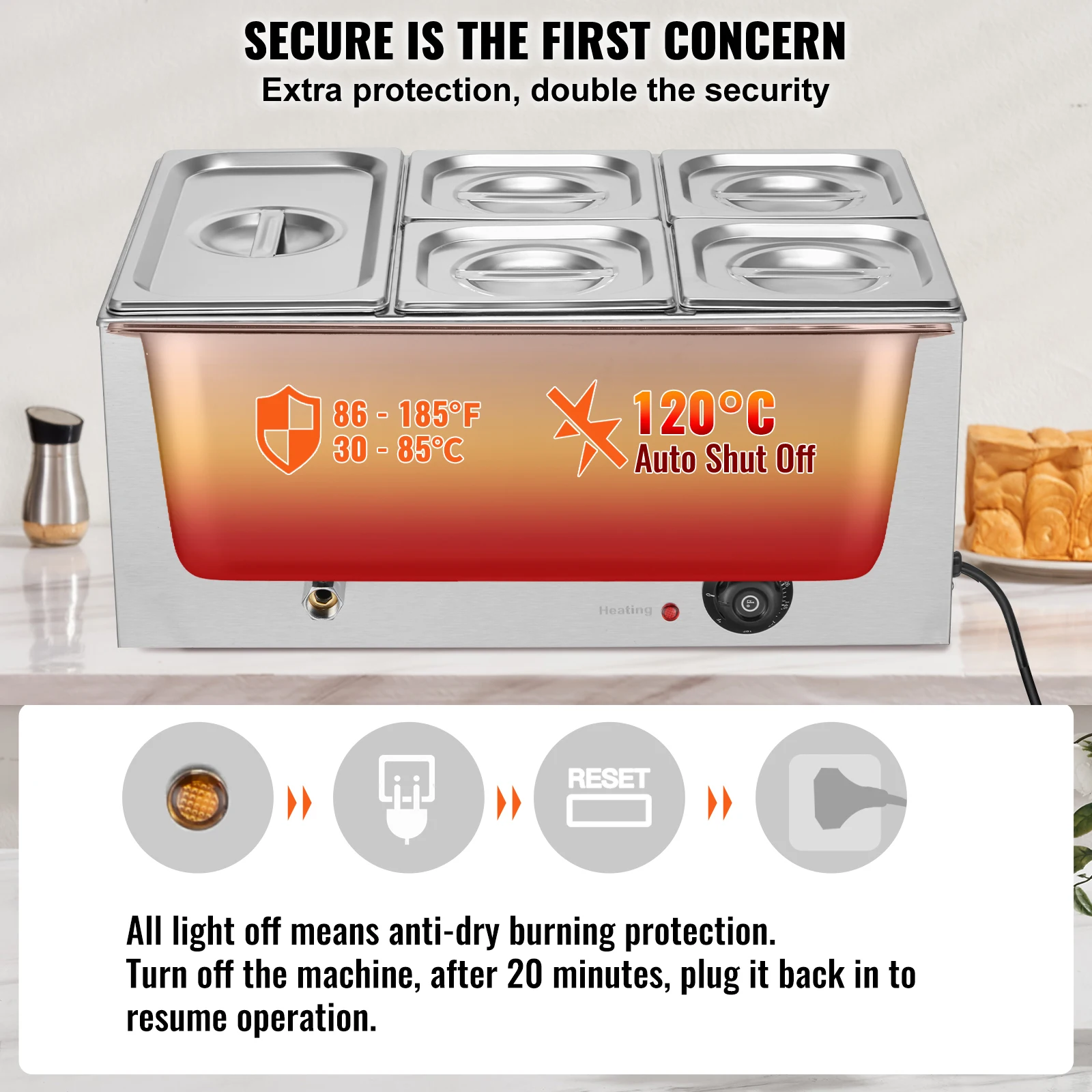 SucceBuy 24QT 5-Pan Commercial Food Warmer Electric Steam Table 1200W Professional Countertop Stainless Steel Buffet Bain Marie