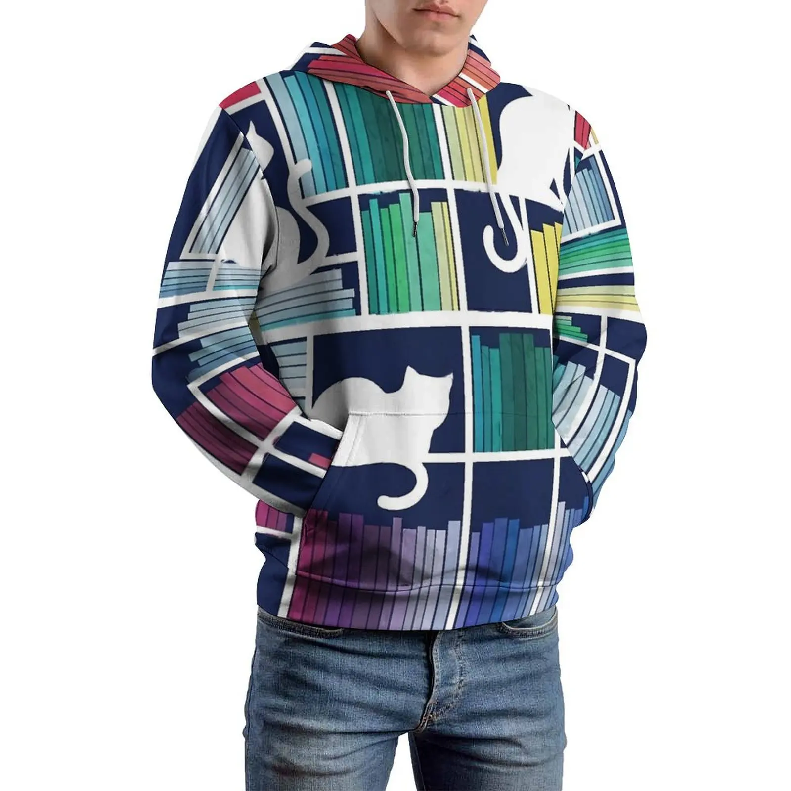 

Library Cats Casual Hoodies Male Rainbow Bookshelf Aesthetic Custom Sweatshirts Winter Long Sleeve Street Style Oversized Hoodie