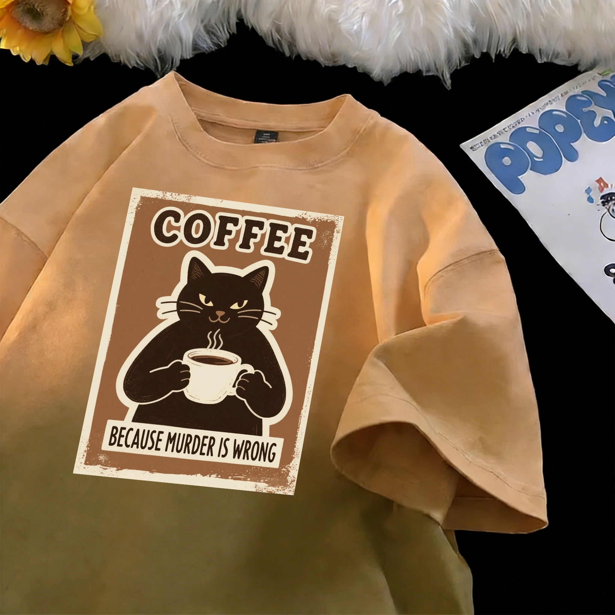 Weil Mord falsch ist Kaffee schwarze Katze Print Tie-Dye T-Shirts Frauen atmungsaktive Baumwolle T-Shirt Hip Hop Top weiche Sommer Kurzarm
