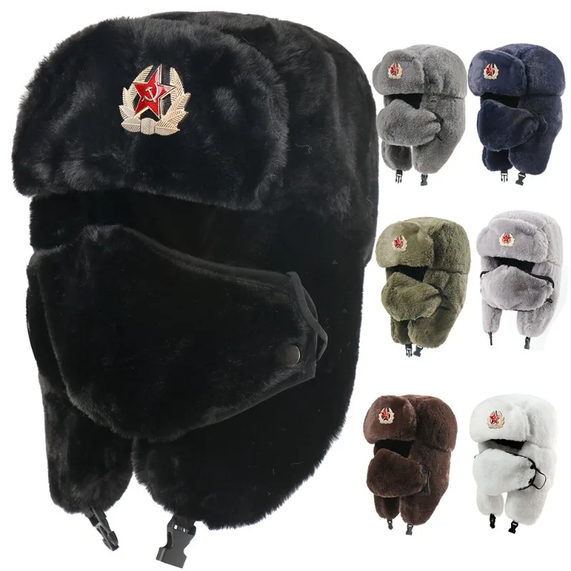 

Unisex Soviet Badge Lei Feng Hat-Faux Rabbit Fur&Earflaps, Ideal for Outdoor Winter Use| Russian-Style Warm Cap for Cold Weather