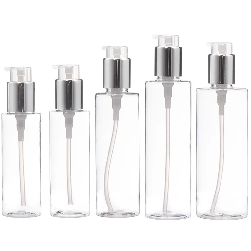 

20Pcs Cosmetic Bottle Packaging Plastic PET 100ml 120ml 150ml 200ml 250ml 3oz Shiny Silver Lotion Pump Shampoo Refill Bottles