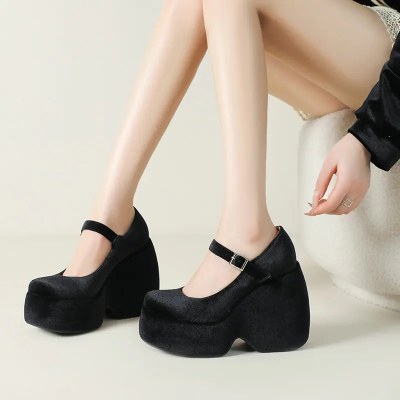 Velour Velvet Green Red Closed Toe Platform Wedges High Heel Pumps Buckle Belt Mature Ladies Wedding Dress Mary Janes Shoes