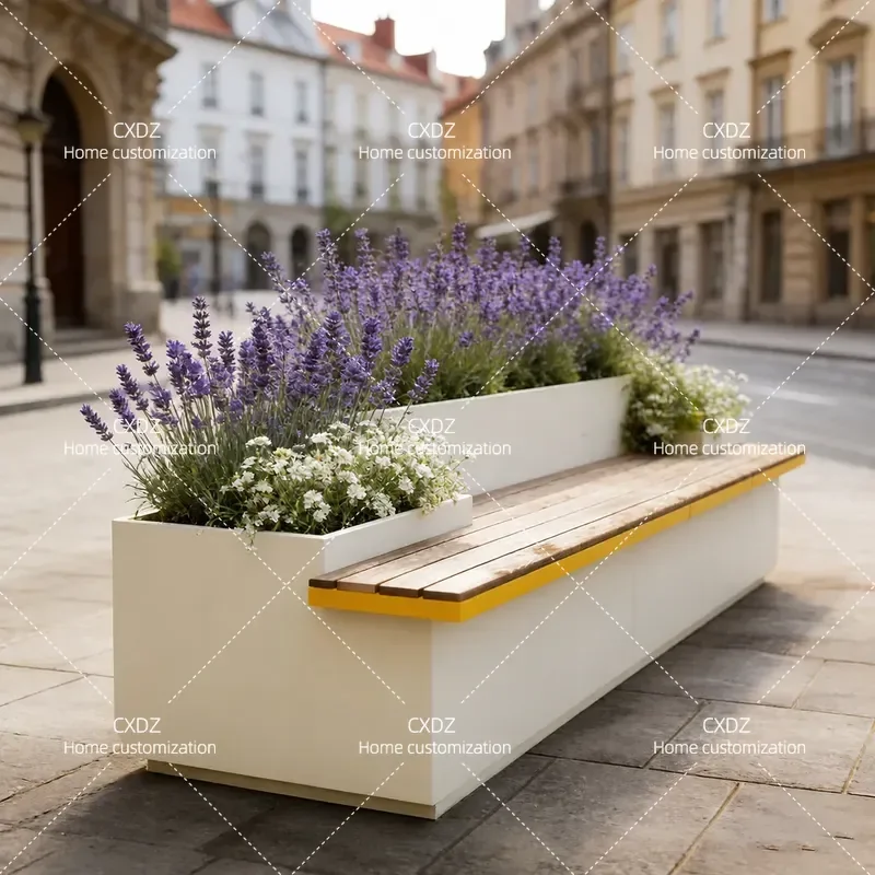 Outdoor Flower Box Seat Stool Modern Simple Planter Bench with Backrest Integrated Leisure Seating for Garden Patio Balcony