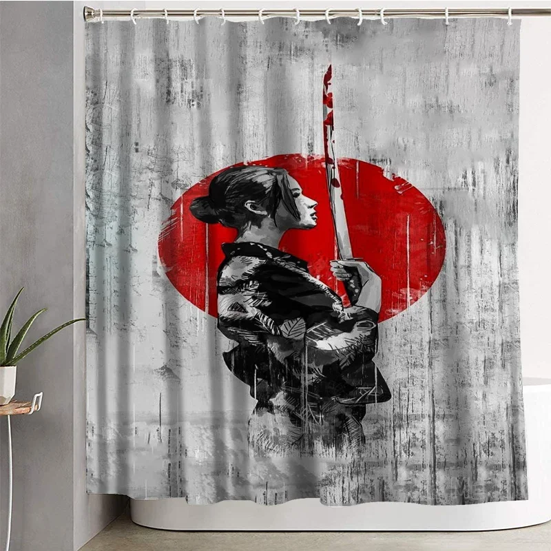 Japanese Geisha Sword Soldier Pipe Girl Cat Woman Female Art Series By Ho Me Lili Shower Curtain Bathroom Decor