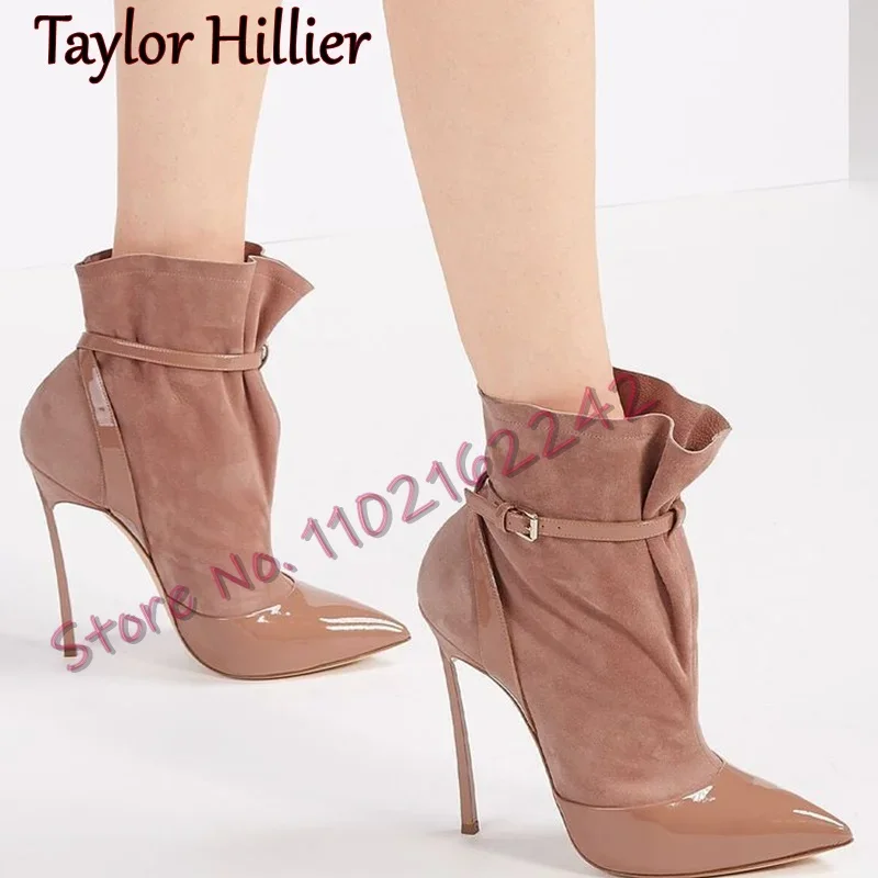

Women'S Stiletto Ankle Boots Pointed Metal Heel Ruffle Nude Boots Pink Suede Sexy Buckle Strap Office Party Women'S Boots Spring