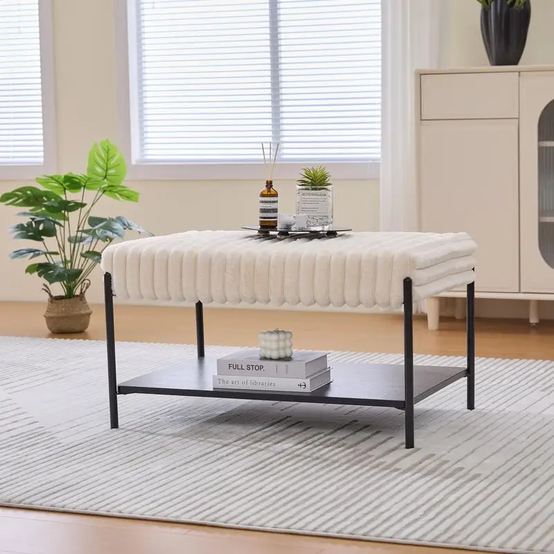 30.7" Wide Upholstered Ottoman Coffee Table with Black Metal Legs, Footstool featuring Wooden Open Storage Shelf, Faux Fur